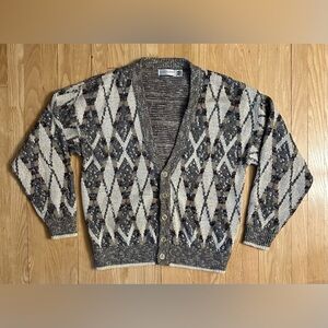 Vintage JJ Cochran Cardigan Sweater Retro Gray Cream Beige Geometric, Men’s L